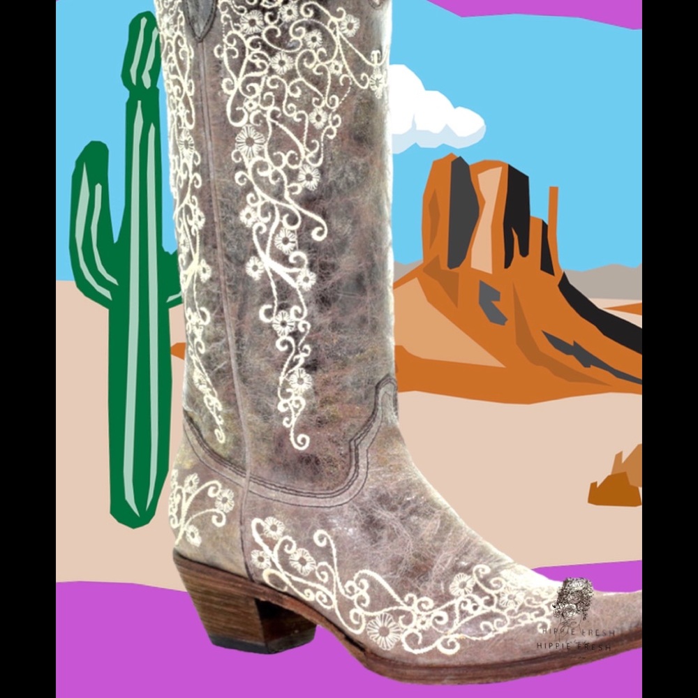 Corral Women’s Distressed Brown Bone Embroidery Cowboy Boots Size 8.5